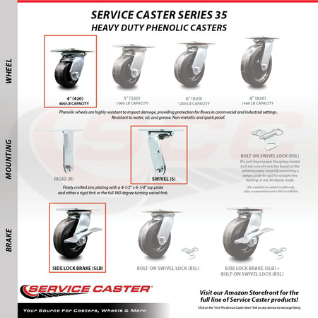 Service Caster 4 Inch Heavy Duty Phenolic Caster with Ball Bearing and Brake SCC-35S420-PHB-SLB